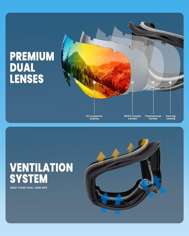 AVV Store Ski Goggles UV Protection, Anti-Fog Snowboard Snow Goggles OTG for Men Women Adults & Youths - Image 4